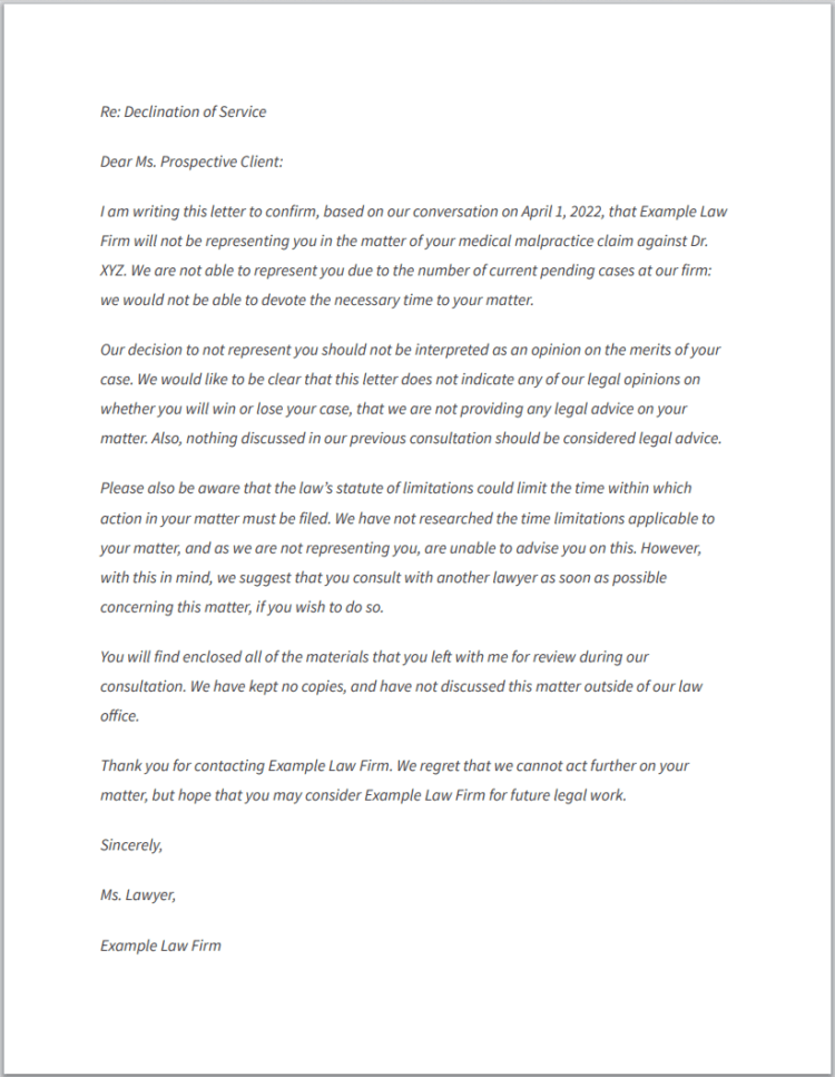 Sample Non-Engagement Letter —Example Only